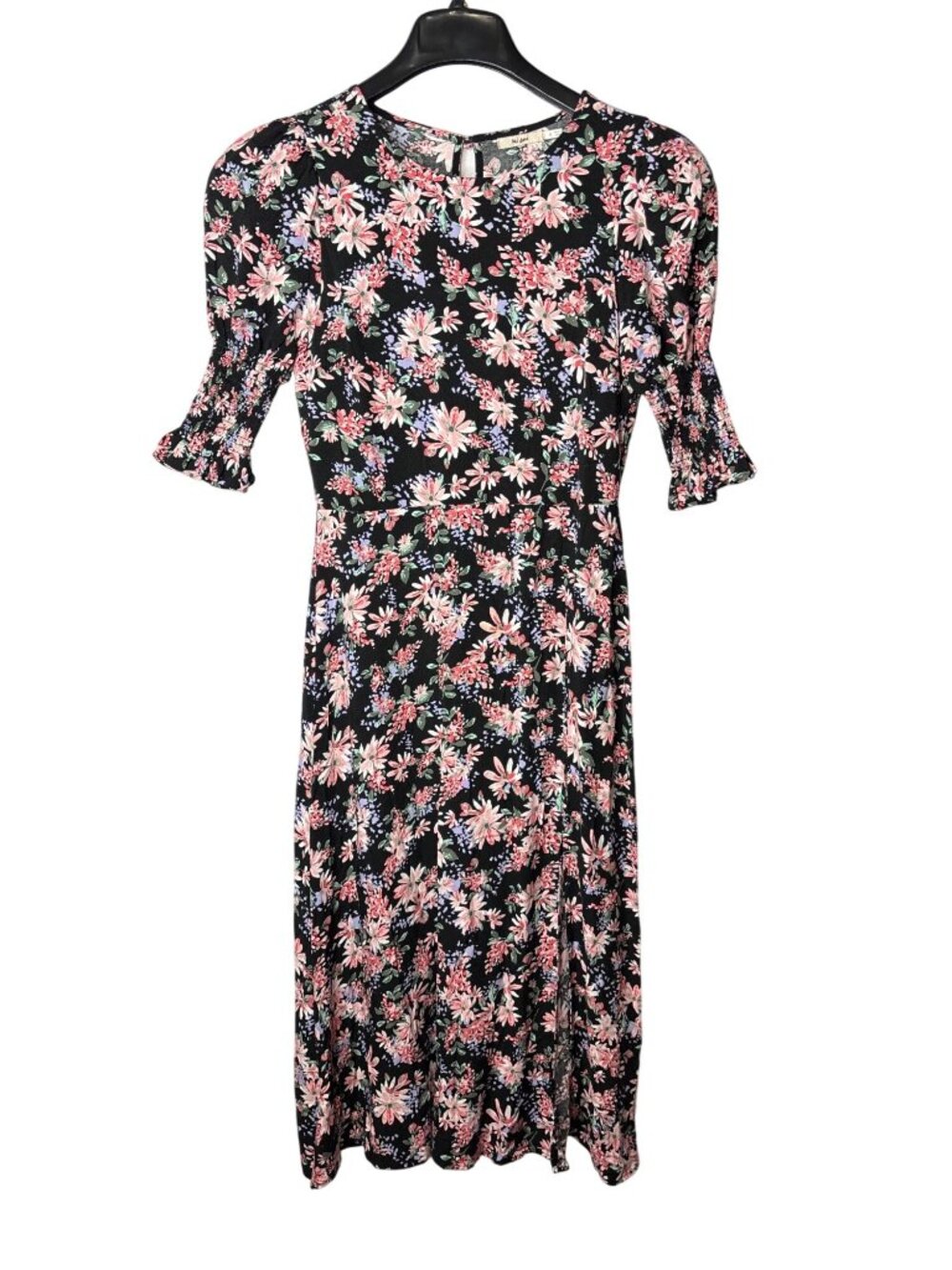 Mi Ami Fit & Flare Midi Dress M Floral Front Slit Smocked Sleeves Lightweight